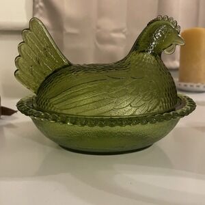 Vintage Indiana Glass Olive Green Hen On Nest 7" Covered Candy Dish Pristine